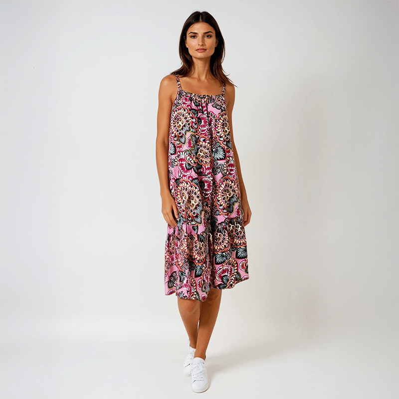Robe longue fuchsia motifs