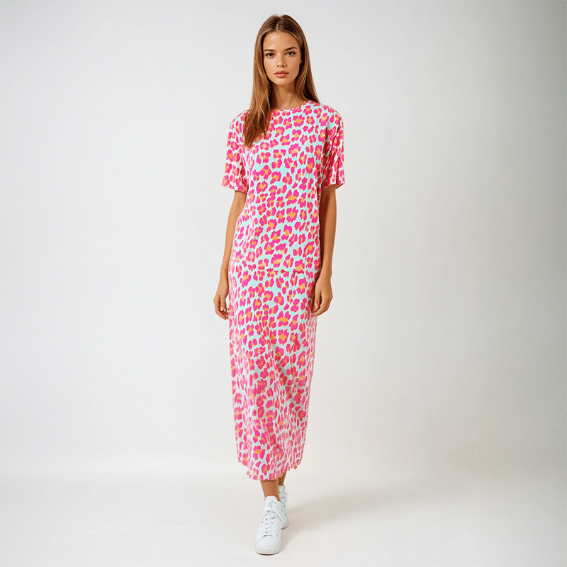 Robe longue léopard fuchsia