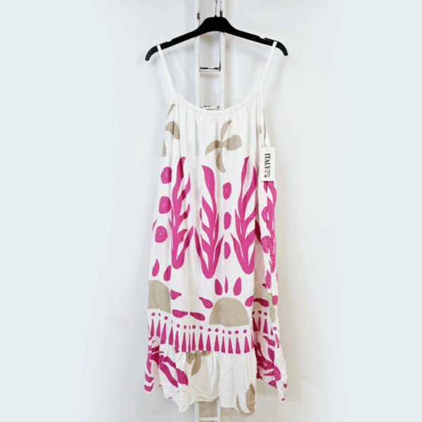 Robe blanche mi-longue fuchsia