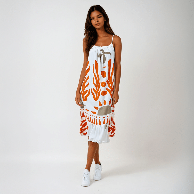 Robe blanche mi-longue orange